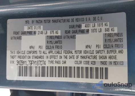 2015 Mazda Mazda3 I Touring из США, поврежденный, VIN 3MZBM1L79FM187074